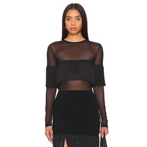 Norma Kamali Long Sleeve Crew Neck Fringe Top Sheer Mesh Statement Edgy Black MD
